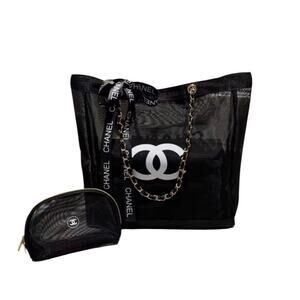 Chanel Beaute GWP Large Black Mesh Tote w/Cosmetic Pouch Gold Hardware